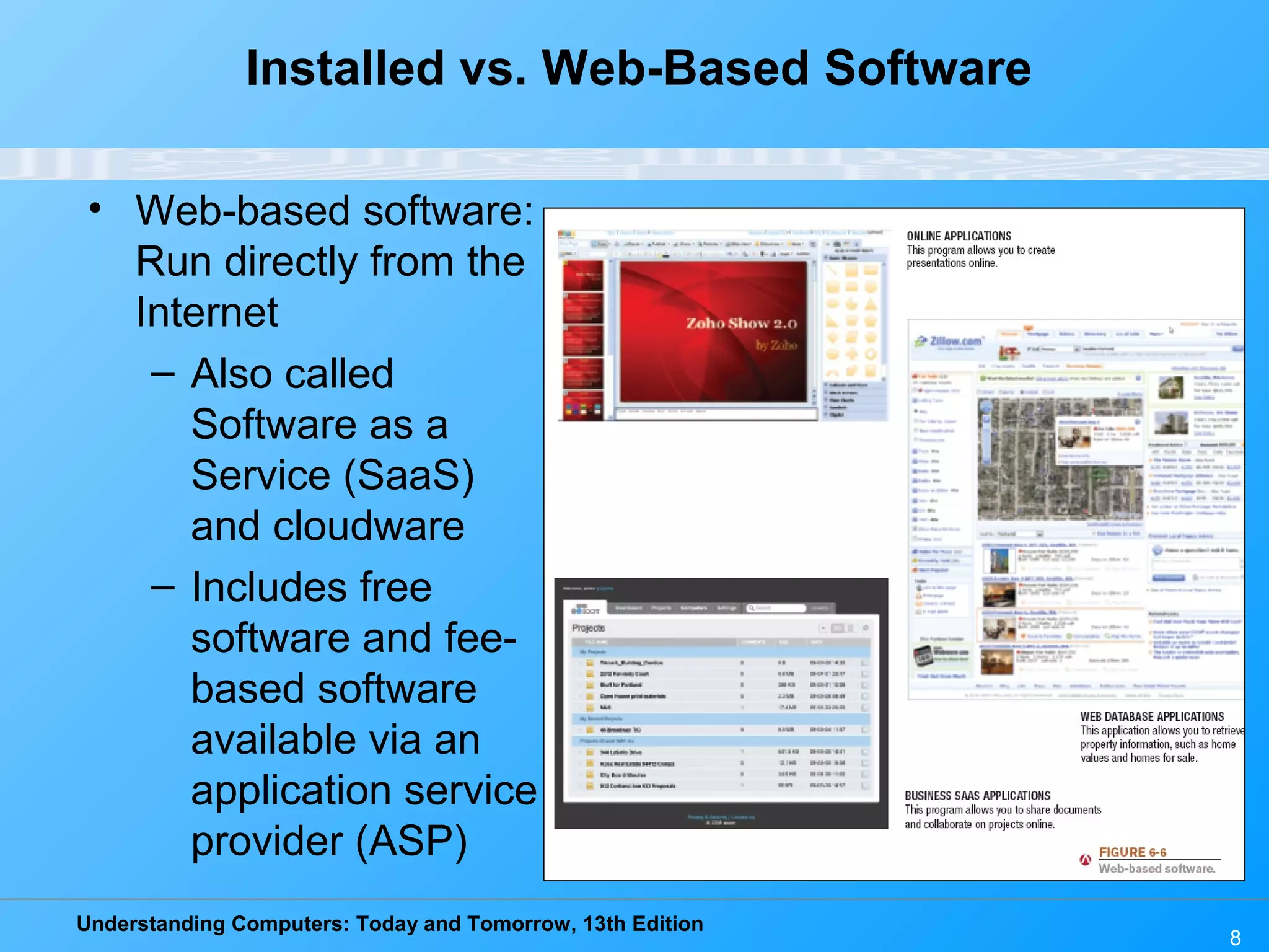 Understanding Computers: Today and Tomorrow, 13th Edition 8 • Web-based software: Run directly from the Internet – Also called Software as a Service (SaaS) and cloudware – Includes free software and fee- based software available via an application service provider (ASP) Installed vs. Web-Based Software 