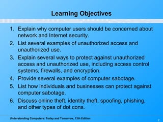 Understanding Computers: Today and Tomorrow, 13th Edition
2
Learning Objectives
1. Explain why computer users should be concerned about
network and Internet security.
2. List several examples of unauthorized access and
unauthorized use.
3. Explain several ways to protect against unauthorized
access and unauthorized use, including access control
systems, firewalls, and encryption.
4. Provide several examples of computer sabotage.
5. List how individuals and businesses can protect against
computer sabotage.
6. Discuss online theft, identity theft, spoofing, phishing,
and other types of dot cons.
 