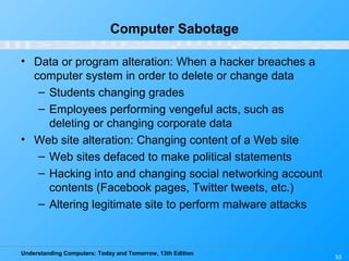 Understanding Computers: Today and Tomorrow, 13th Edition
33
Computer Sabotage
• Data or program alteration: When a hacker breaches a
computer system in order to delete or change data
– Students changing grades
– Employees performing vengeful acts, such as
deleting or changing corporate data
• Web site alteration: Changing content of a Web site
– Web sites defaced to make political statements
– Hacking into and changing social networking account
contents (Facebook pages, Twitter tweets, etc.)
– Altering legitimate site to perform malware attacks
 
