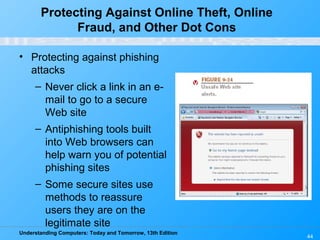 Understanding Computers: Today and Tomorrow, 13th Edition
44
Protecting Against Online Theft, Online
Fraud, and Other Dot Cons
• Protecting against phishing
attacks
– Never click a link in an e-
mail to go to a secure
Web site
– Antiphishing tools built
into Web browsers can
help warn you of potential
phishing sites
– Some secure sites use
methods to reassure
users they are on the
legitimate site
 