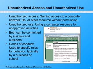 Understanding Computers: Today and Tomorrow, 13th Edition
6
Unauthorized Access and Unauthorized Use
• Unauthorized access: Gaining access to a computer,
network, file, or other resource without permission
• Unauthorized use: Using a computer resource for
unapproved activities
• Both can be committed
by insiders and
outsiders
• Codes of conduct:
Used to specify rules
for behavior, typically
by a business or
school
 