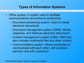 Understanding Computers: Today and Tomorrow, 13th Edition
11
Types of Information Systems
• Office system: A system used to facilitate
communications and enhance productivity
– Document processing system: Used to create
electronic documents
– Document management system (DMS): Stores,
organizes, and retrieves electronic documents
– Content management system (CMS): DMS that
also includes multimedia files and other content
– Communications system: Allows employees to
communicate with each other, with business
partners, and with customers
 