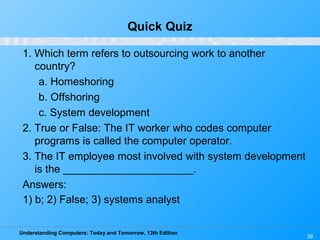 Understanding Computers: Today and Tomorrow, 13th Edition
39
Quick Quiz
1. Which term refers to outsourcing work to another
country?
a. Homeshoring
b. Offshoring
c. System development
2. True or False: The IT worker who codes computer
programs is called the computer operator.
3. The IT employee most involved with system development
is the ______________________.
Answers:
1) b; 2) False; 3) systems analyst
 