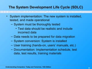 Understanding Computers: Today and Tomorrow, 13th Edition
50
• System implementation: The new system is installed,
tested, and made operational
– System must be thoroughly tested
• Test data should be realistic and include
incorrect data
– Data needs to be prepared for data migration
– System conversion: System is installed
– User training (hands-on, users’ manuals, etc.)
– Documentation: Implementation schedule, test
data, test results, training materials
The System Development Life Cycle (SDLC)
 