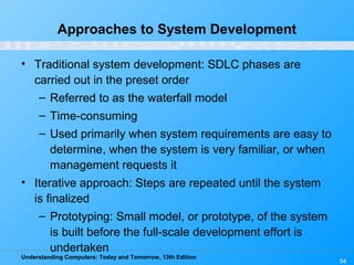 Understanding Computers: Today and Tomorrow, 13th Edition
54
Approaches to System Development
• Traditional system development: SDLC phases are
carried out in the preset order
– Referred to as the waterfall model
– Time-consuming
– Used primarily when system requirements are easy to
determine, when the system is very familiar, or when
management requests it
• Iterative approach: Steps are repeated until the system
is finalized
– Prototyping: Small model, or prototype, of the system
is built before the full-scale development effort is
undertaken
 