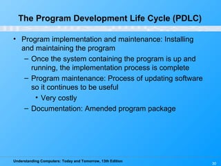 Understanding Computers: Today and Tomorrow, 13th Edition
30
The Program Development Life Cycle (PDLC)
• Program implementation and maintenance: Installing
and maintaining the program
– Once the system containing the program is up and
running, the implementation process is complete
– Program maintenance: Process of updating software
so it continues to be useful
• Very costly
– Documentation: Amended program package
 