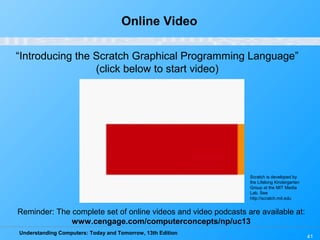 Understanding Computers: Today and Tomorrow, 13th Edition
41
Online Video
“Introducing the Scratch Graphical Programming Language”
(click below to start video)
Reminder: The complete set of online videos and video podcasts are available at:
www.cengage.com/computerconcepts/np/uc13
Scratch is developed by
the Lifelong Kindergarten
Group at the MIT Media
Lab. See
http://scratch.mit.edu
 