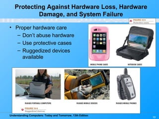 Understanding Computers: Today and Tomorrow, 13th Edition
10
• Proper hardware care
– Don’t abuse hardware
– Use protective cases
– Ruggedized devices
available
Protecting Against Hardware Loss, Hardware
Damage, and System Failure
 