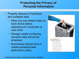 Understanding Computers: Today and Tomorrow, 13th Edition
34
Protecting the Privacy of
Personal Information
• Properly dispose of hardware
and outdated data
– Wipe (not just delete) data on
hard drives before
disposing of a computer or
hard drive
– Storage media containing
sensitive data should be
shredded
– Businesses should have a
media sanitation/data
destruction policy
 