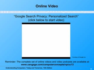Understanding Computers: Today and Tomorrow, 13th Edition
35
Online Video
“Google Search Privacy: Personalized Search”
(click below to start video)
Reminder: The complete set of online videos and video podcasts are available at:
www.cengage.com/computerconcepts/np/uc13
Courtesy of Google Inc.
 