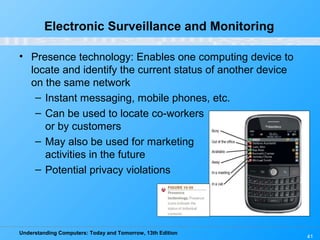 Understanding Computers: Today and Tomorrow, 13th Edition
41
Electronic Surveillance and Monitoring
• Presence technology: Enables one computing device to
locate and identify the current status of another device
on the same network
– Instant messaging, mobile phones, etc.
– Can be used to locate co-workers
or by customers
– May also be used for marketing
activities in the future
– Potential privacy violations
 