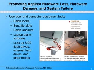 Understanding Computers: Today and Tomorrow, 13th Edition
6
Protecting Against Hardware Loss, Hardware
Damage, and System Failure
• Use door and computer equipment locks
– Cable locks
– Security slots
– Cable anchors
– Laptop alarm
software
– Lock up USB
flash drives,
external hard
drives, and
other media
 