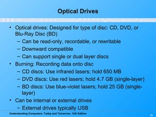 Understanding Computers: Today and Tomorrow, 13th Edition
Optical Drives
• Optical drives: Designed for type of disc: CD, DVD, or
Blu-Ray Disc (BD)
– Can be read-only, recordable, or rewritable
– Downward compatible
– Can support single or dual layer discs
• Burning: Recording data onto disc
– CD discs: Use infrared lasers; hold 650 MB
– DVD discs: Use red lasers; hold 4.7 GB (single-layer)
– BD discs: Use blue-violet lasers; hold 25 GB (single-
layer)
• Can be internal or external drives
– External drives typically USB
18
 