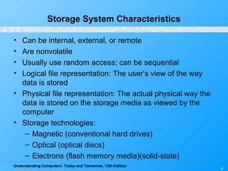 Understanding Computers: Today and Tomorrow, 13th Edition
4
Storage System Characteristics
• Can be internal, external, or remote
• Are nonvolatile
• Usually use random access; can be sequential
• Logical file representation: The user’s view of the way
data is stored
• Physical file representation: The actual physical way the
data is stored on the storage media as viewed by the
computer
• Storage technologies:
– Magnetic (conventional hard drives)
– Optical (optical discs)
– Electrons (flash memory media)(solid-state)
 