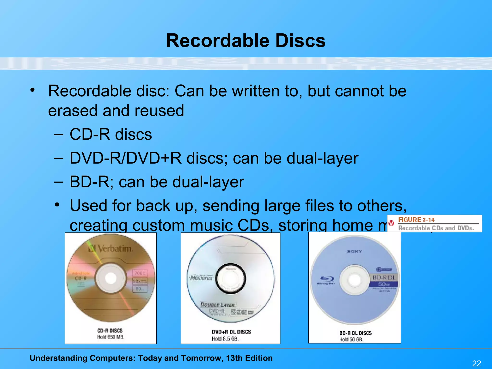 Understanding Computers: Today and Tomorrow, 13th Edition
22
Recordable Discs
• Recordable disc: Can be written to, but cannot be
erased and reused
– CD-R discs
– DVD-R/DVD+R discs; can be dual-layer
– BD-R; can be dual-layer
• Used for back up, sending large files to others,
creating custom music CDs, storing home movies,
etc.
 