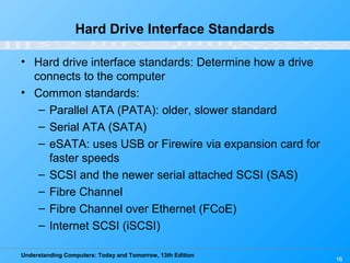 Understanding Computers: Today and Tomorrow, 13th Edition
16
Hard Drive Interface Standards
• Hard drive interface standards: Determine how a drive
connects to the computer
• Common standards:
– Parallel ATA (PATA): older, slower standard
– Serial ATA (SATA)
– eSATA: uses USB or Firewire via expansion card for
faster speeds
– SCSI and the newer serial attached SCSI (SAS)
– Fibre Channel
– Fibre Channel over Ethernet (FCoE)
– Internet SCSI (iSCSI)
 