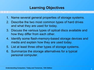 Understanding Computers: Today and Tomorrow, 13th Edition
2
Learning Objectives
1. Name several general properties of storage systems.
2. Describe the two most common types of hard drives
and what they are used for today.
3. Discuss the various types of optical discs available and
how they differ from each other.
4. Identify some flash-memory-based storage devices and
media and explain how they are used today.
5. List at least three other types of storage systems.
6. Summarize the storage alternatives for a typical
personal computer.
 