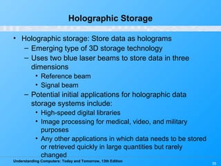 Understanding Computers: Today and Tomorrow, 13th Edition
35
Holographic Storage
• Holographic storage: Store data as holograms
– Emerging type of 3D storage technology
– Uses two blue laser beams to store data in three
dimensions
• Reference beam
• Signal beam
– Potential initial applications for holographic data
storage systems include:
• High-speed digital libraries
• Image processing for medical, video, and military
purposes
• Any other applications in which data needs to be stored
or retrieved quickly in large quantities but rarely
changed
 