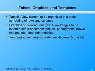 Understanding Computers: Today and Tomorrow, 13th Edition
24
Tables, Graphics, and Templates
• Tables: Allow content to be organized in a table
consisting of rows and columns
• Graphics or drawing features: Allow images to be
inserted into a document (clip art, photographs, drawn
images, etc.) and then modified
• Templates: Help users create new documents quickly
 