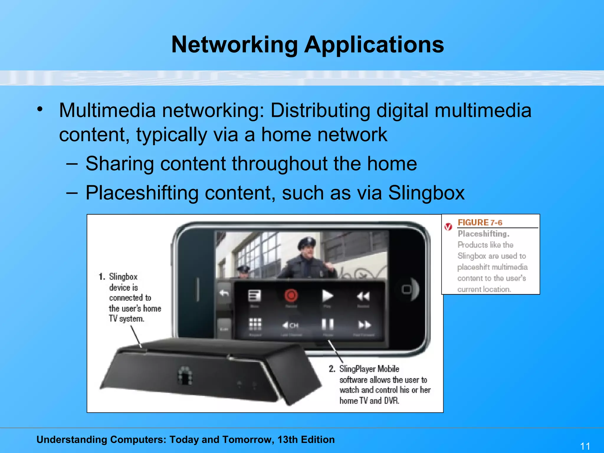 Understanding Computers: Today and Tomorrow, 13th Edition
11
Networking Applications
• Multimedia networking: Distributing digital multimedia
content, typically via a home network
– Sharing content throughout the home
– Placeshifting content, such as via Slingbox
 