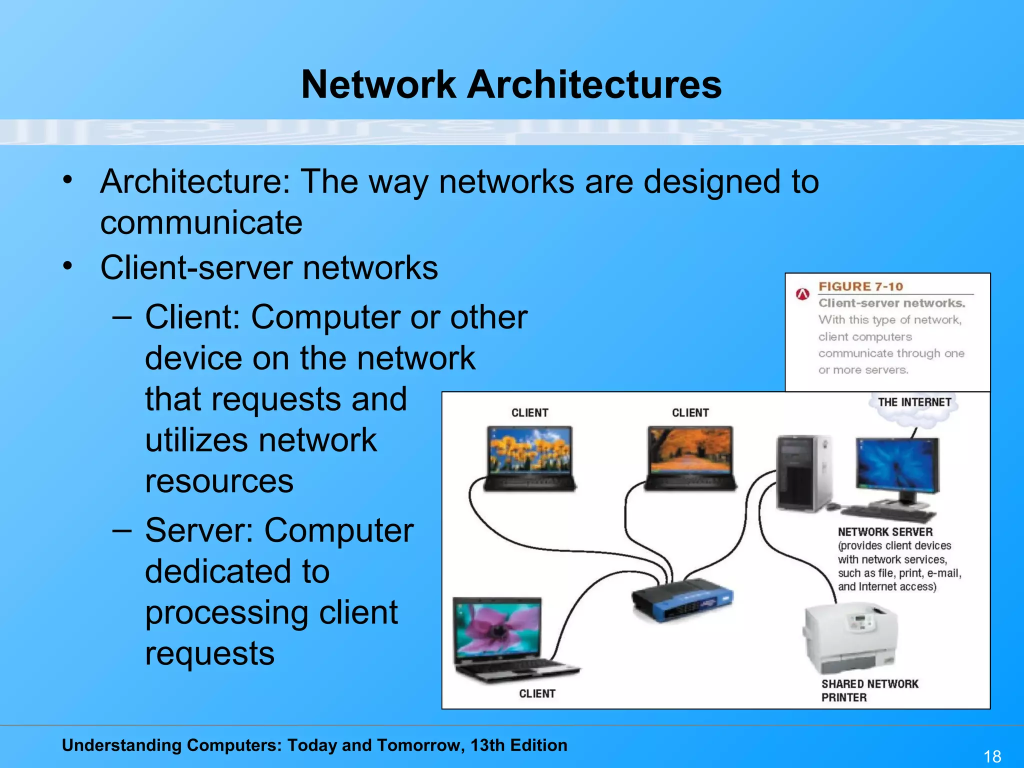 Understanding Computers: Today and Tomorrow, 13th Edition
18
Network Architectures
• Architecture: The way networks are designed to
communicate
• Client-server networks
– Client: Computer or other
device on the network
that requests and
utilizes network
resources
– Server: Computer
dedicated to
processing client
requests
 