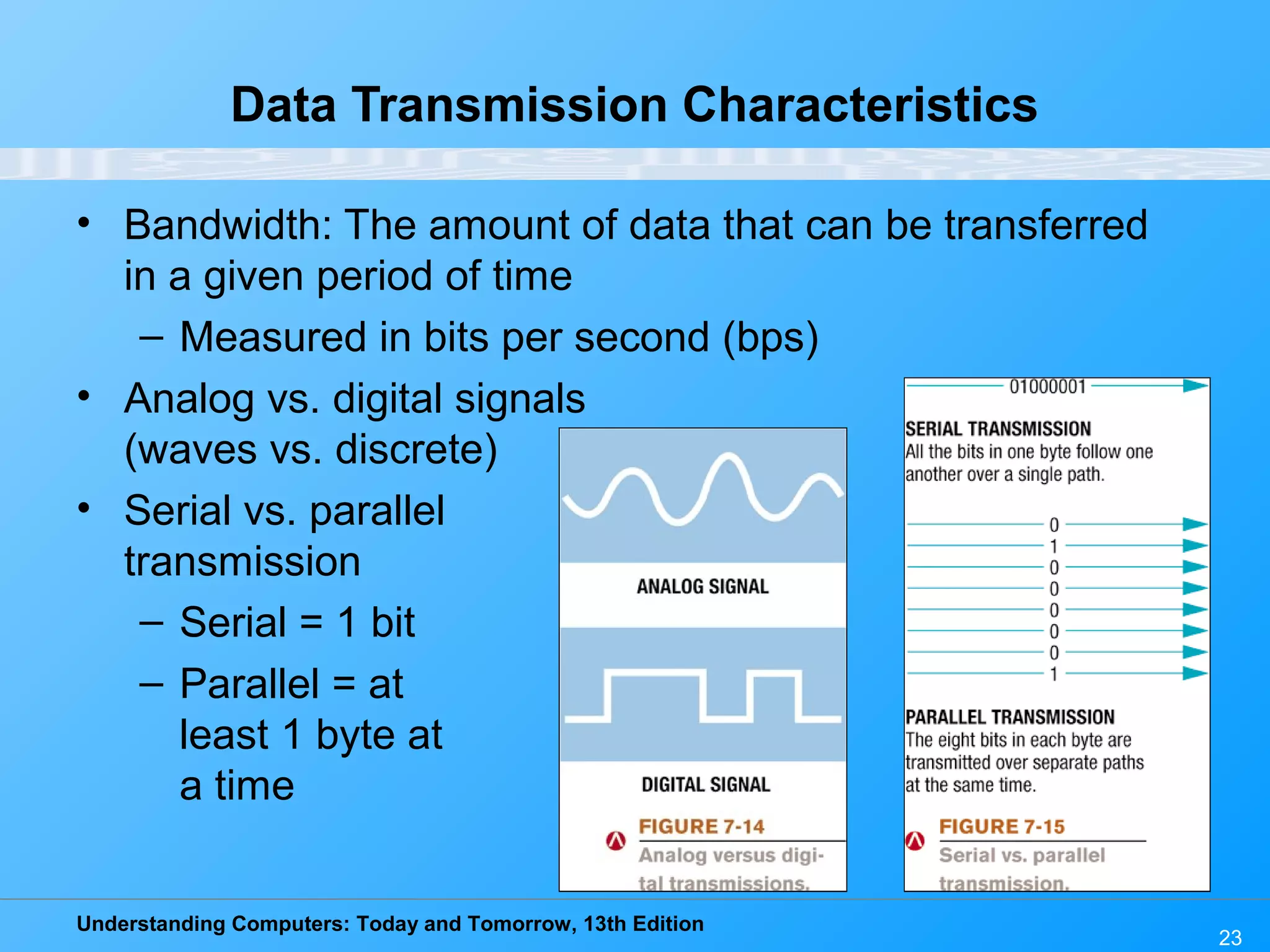 Understanding Computers: Today and Tomorrow, 13th Edition
23
Data Transmission Characteristics
• Bandwidth: The amount of data that can be transferred
in a given period of time
– Measured in bits per second (bps)
• Analog vs. digital signals
(waves vs. discrete)
• Serial vs. parallel
transmission
– Serial = 1 bit
– Parallel = at
least 1 byte at
a time
 
