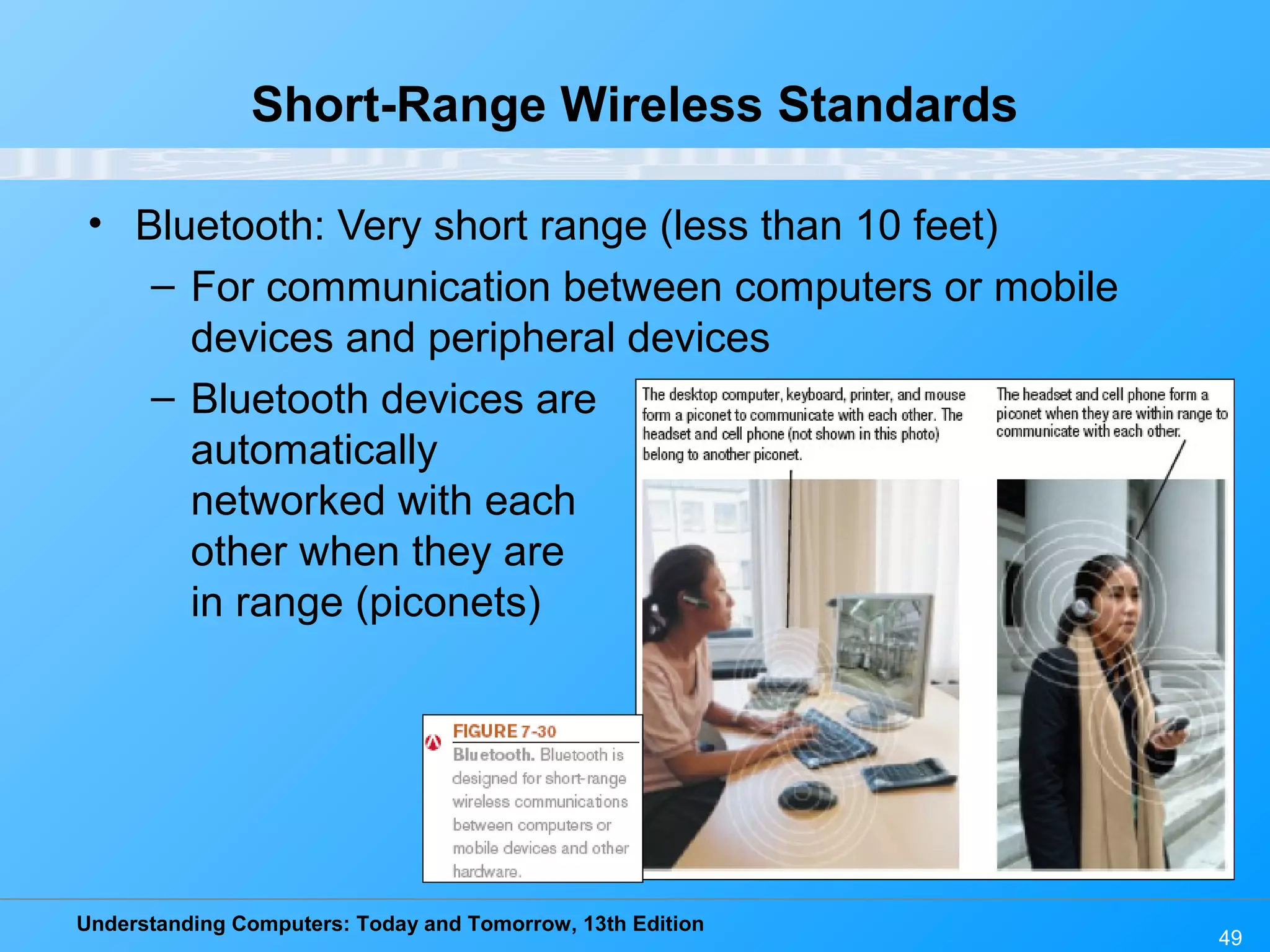 Understanding Computers: Today and Tomorrow, 13th Edition
49
Short-Range Wireless Standards
• Bluetooth: Very short range (less than 10 feet)
– For communication between computers or mobile
devices and peripheral devices
– Bluetooth devices are
automatically
networked with each
other when they are
in range (piconets)
 