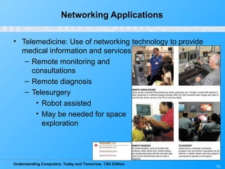 Understanding Computers: Today and Tomorrow, 13th Edition
13
Networking Applications
• Telemedicine: Use of networking technology to provide
medical information and services
– Remote monitoring and
consultations
– Remote diagnosis
– Telesurgery
• Robot assisted
• May be needed for space
exploration
 