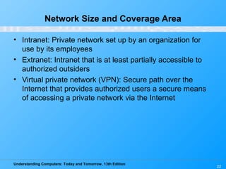 Understanding Computers: Today and Tomorrow, 13th Edition
22
Network Size and Coverage Area
• Intranet: Private network set up by an organization for
use by its employees
• Extranet: Intranet that is at least partially accessible to
authorized outsiders
• Virtual private network (VPN): Secure path over the
Internet that provides authorized users a secure means
of accessing a private network via the Internet
 