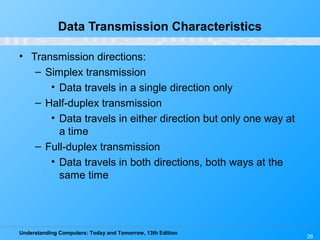 Understanding Computers: Today and Tomorrow, 13th Edition
26
Data Transmission Characteristics
• Transmission directions:
– Simplex transmission
• Data travels in a single direction only
– Half-duplex transmission
• Data travels in either direction but only one way at
a time
– Full-duplex transmission
• Data travels in both directions, both ways at the
same time
 