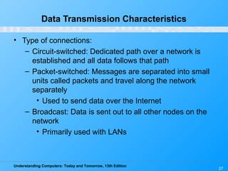 Understanding Computers: Today and Tomorrow, 13th Edition
27
Data Transmission Characteristics
• Type of connections:
– Circuit-switched: Dedicated path over a network is
established and all data follows that path
– Packet-switched: Messages are separated into small
units called packets and travel along the network
separately
• Used to send data over the Internet
– Broadcast: Data is sent out to all other nodes on the
network
• Primarily used with LANs
 