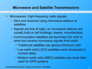 Understanding Computers: Today and Tomorrow, 13th Edition
35
Microwave and Satellite Transmissions
• Microwaves: High-frequency radio signals
– Sent and received using microwave stations or
satellites
– Signals are line of sight, so microwave stations are
usually built on tall buildings, towers, mountaintops
– Communication satellites are launched into orbit to
send and receive microwave signals from earth
• Traditional satellites use geosynchronous orbit
• Low earth orbit (LEO) satellites were developed to
combat delay
• Medium earth orbit (MEO) satellites are most often
used for GPS systems
 