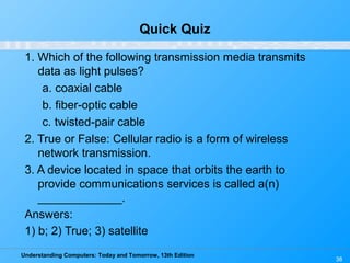 Understanding Computers: Today and Tomorrow, 13th Edition
38
Quick Quiz
1. Which of the following transmission media transmits
data as light pulses?
a. coaxial cable
b. fiber-optic cable
c. twisted-pair cable
2. True or False: Cellular radio is a form of wireless
network transmission.
3. A device located in space that orbits the earth to
provide communications services is called a(n)
_____________.
Answers:
1) b; 2) True; 3) satellite
 