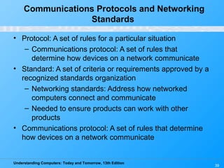 Understanding Computers: Today and Tomorrow, 13th Edition
39
Communications Protocols and Networking
Standards
• Protocol: A set of rules for a particular situation
– Communications protocol: A set of rules that
determine how devices on a network communicate
• Standard: A set of criteria or requirements approved by a
recognized standards organization
– Networking standards: Address how networked
computers connect and communicate
– Needed to ensure products can work with other
products
• Communications protocol: A set of rules that determine
how devices on a network communicate
 