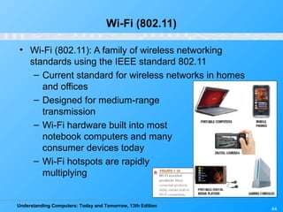 Understanding Computers: Today and Tomorrow, 13th Edition
44
Wi-Fi (802.11)
• Wi-Fi (802.11): A family of wireless networking
standards using the IEEE standard 802.11
– Current standard for wireless networks in homes
and offices
– Designed for medium-range
transmission
– Wi-Fi hardware built into most
notebook computers and many
consumer devices today
– Wi-Fi hotspots are rapidly
multiplying
 