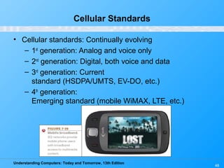 Understanding Computers: Today and Tomorrow, 13th Edition
48
Cellular Standards
• Cellular standards: Continually evolving
– 1st
generation: Analog and voice only
– 2nd
generation: Digital, both voice and data
– 3rd
generation: Current
standard (HSDPA/UMTS, EV-DO, etc.)
– 4th
generation:
Emerging standard (mobile WiMAX, LTE, etc.)
 