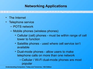 Understanding Computers: Today and Tomorrow, 13th Edition
5
Networking Applications
• The Internet
• Telephone service
– POTS network
– Mobile phones (wireless phones)
• Cellular (cell) phones - must be within range of cell
tower to function
• Satellite phones - used where cell service isn’t
available
• Dual-mode phones - allow users to make
telephone calls on more than one network
– Cellular / Wi-Fi dual-mode phones are most
popular
 