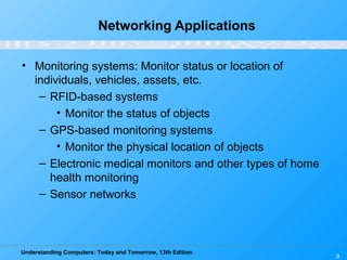 Understanding Computers: Today and Tomorrow, 13th Edition
9
Networking Applications
• Monitoring systems: Monitor status or location of
individuals, vehicles, assets, etc.
– RFID-based systems
• Monitor the status of objects
– GPS-based monitoring systems
• Monitor the physical location of objects
– Electronic medical monitors and other types of home
health monitoring
– Sensor networks
 