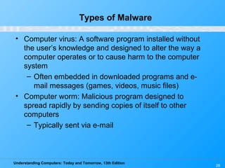 Understanding Computers: Today and Tomorrow, 13th Edition
28
Types of Malware
• Computer virus: A software program installed without
the user’s knowledge and designed to alter the way a
computer operates or to cause harm to the computer
system
– Often embedded in downloaded programs and e-
mail messages (games, videos, music files)
• Computer worm: Malicious program designed to
spread rapidly by sending copies of itself to other
computers
– Typically sent via e-mail
 
