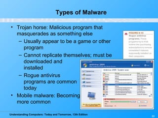 Understanding Computers: Today and Tomorrow, 13th Edition
30
Types of Malware
• Trojan horse: Malicious program that
masquerades as something else
– Usually appear to be a game or other
program
– Cannot replicate themselves; must be
downloaded and
installed
– Rogue antivirus
programs are common
today
• Mobile malware: Becoming
more common
 