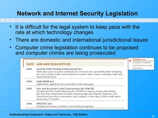 Understanding Computers: Today and Tomorrow, 13th Edition
54
Network and Internet Security Legislation
• It is difficult for the legal system to keep pace with the
rate at which technology changes
• There are domestic and international jurisdictional issues
• Computer crime legislation continues to be proposed
and computer crimes are being prosecuted
 