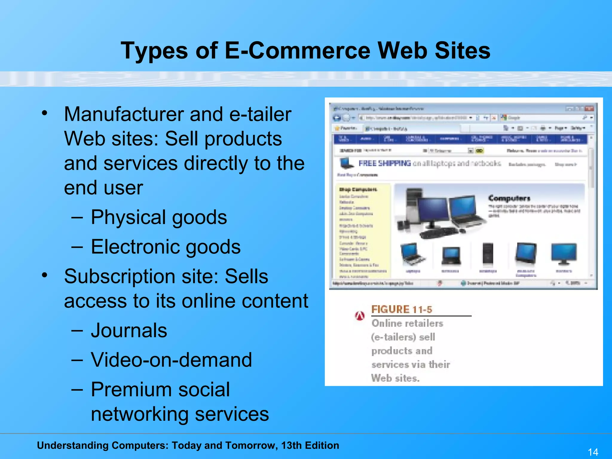 Understanding Computers: Today and Tomorrow, 13th Edition
14
Types of E-Commerce Web Sites
• Manufacturer and e-tailer
Web sites: Sell products
and services directly to the
end user
– Physical goods
– Electronic goods
• Subscription site: Sells
access to its online content
– Journals
– Video-on-demand
– Premium social
networking services
 