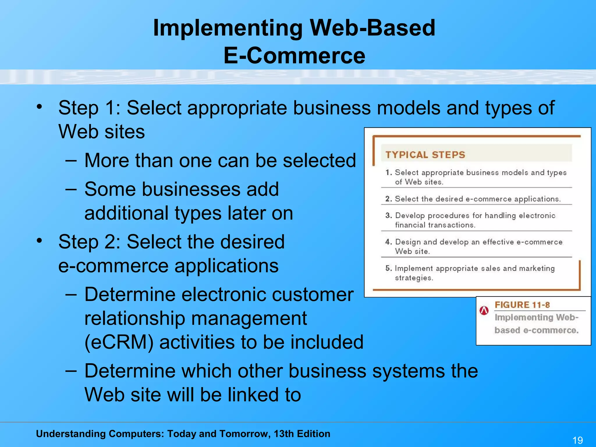 Understanding Computers: Today and Tomorrow, 13th Edition
19
Implementing Web-Based
E-Commerce
• Step 1: Select appropriate business models and types of
Web sites
– More than one can be selected
– Some businesses add
additional types later on
• Step 2: Select the desired
e-commerce applications
– Determine electronic customer
relationship management
(eCRM) activities to be included
– Determine which other business systems the
Web site will be linked to
 