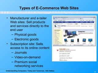 Understanding Computers: Today and Tomorrow, 13th Edition
14
Types of E-Commerce Web Sites
• Manufacturer and e-tailer
Web sites: Sell products
and services directly to the
end user
– Physical goods
– Electronic goods
• Subscription site: Sells
access to its online content
– Journals
– Video-on-demand
– Premium social
networking services
 