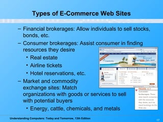 Understanding Computers: Today and Tomorrow, 13th Edition
17
Types of E-Commerce Web Sites
– Financial brokerages: Allow individuals to sell stocks,
bonds, etc.
– Consumer brokerages: Assist consumer in finding
resources they desire
• Real estate
• Airline tickets
• Hotel reservations, etc.
– Market and commodity
exchange sites: Match
organizations with goods or services to sell
with potential buyers
• Energy, cattle, chemicals, and metals
 