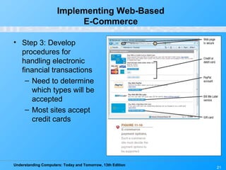 Understanding Computers: Today and Tomorrow, 13th Edition
21
Implementing Web-Based
E-Commerce
• Step 3: Develop
procedures for
handling electronic
financial transactions
– Need to determine
which types will be
accepted
– Most sites accept
credit cards
 