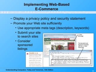 Understanding Computers: Today and Tomorrow, 13th Edition
32
Implementing Web-Based
E-Commerce
– Display a privacy policy and security statement
– Promote your Web site sufficiently
• Use appropriate meta tags (description, keywords)
• Submit your site
to search sites
• Consider
sponsored
listings
 