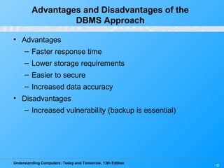 Understanding Computers: Today and Tomorrow, 13th Edition
10
Advantages and Disadvantages of the
DBMS Approach
• Advantages
– Faster response time
– Lower storage requirements
– Easier to secure
– Increased data accuracy
• Disadvantages
– Increased vulnerability (backup is essential)
 
