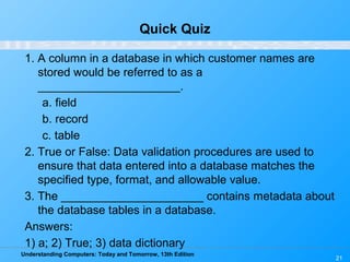 Understanding Computers: Today and Tomorrow, 13th Edition
21
Quick Quiz
1. A column in a database in which customer names are
stored would be referred to as a
______________________.
a. field
b. record
c. table
2. True or False: Data validation procedures are used to
ensure that data entered into a database matches the
specified type, format, and allowable value.
3. The ______________________ contains metadata about
the database tables in a database.
Answers:
1) a; 2) True; 3) data dictionary
 