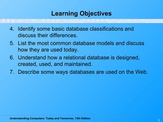 Understanding Computers: Today and Tomorrow, 13th Edition
3
Learning Objectives
4. Identify some basic database classifications and
discuss their differences.
5. List the most common database models and discuss
how they are used today.
6. Understand how a relational database is designed,
created, used, and maintained.
7. Describe some ways databases are used on the Web.
 